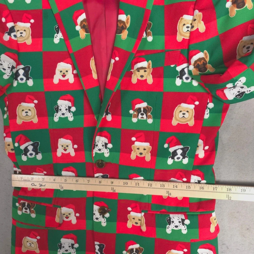 Shinesty Mens Holiday Dog Blazer Red Green Christmas Santa Hat Jacket Size 36‎